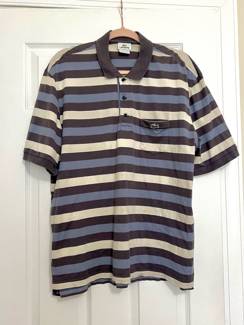 Lacoste Men’s Striped Collared T-Shirt Cotton Polo Brown Gray Cream -Size 7(2XL)